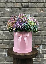 Цветочная композиция из Гипсофила и Розы в шляпной коробке в Идрице