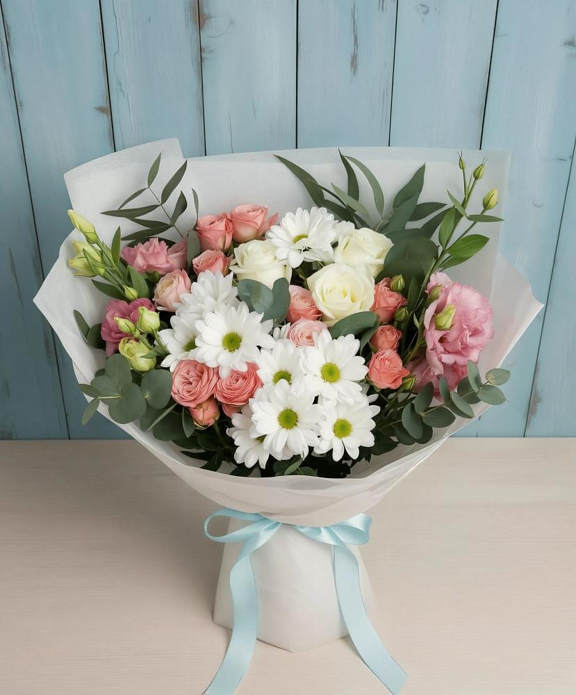 Букет цветов из: Розы, Лизиантусы и Хризантемы в Идрице