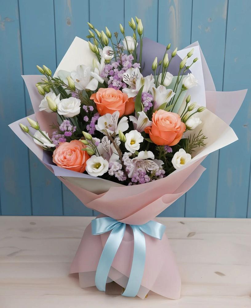 Букет цветов из: Лизиантусы, Розы, Альстромерии и Гипсофила в Идрице